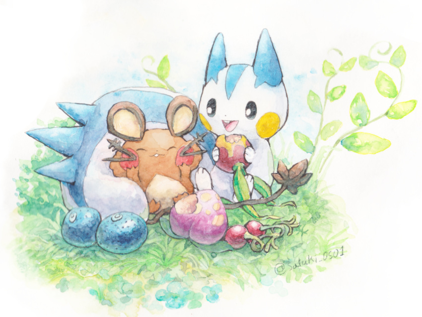 :d, ^_^, black_eyes, cheri_berry, closed_eyes, creature, dedenne, eating, food, fruit, full_body, gen_4_pokemon, gen_6_pokemon, grass, happy, highres, holding, holding_food, holding_fruit, leppa_berry, looking_at_another, no_humans, open_mouth, oran_berry, pachirisu, pecha_berry, plant, pokemon, pokemon_(creature), satsuki_(pixiv44579273), signature, sitting, smile, traditional_media, watercolor_(medium)