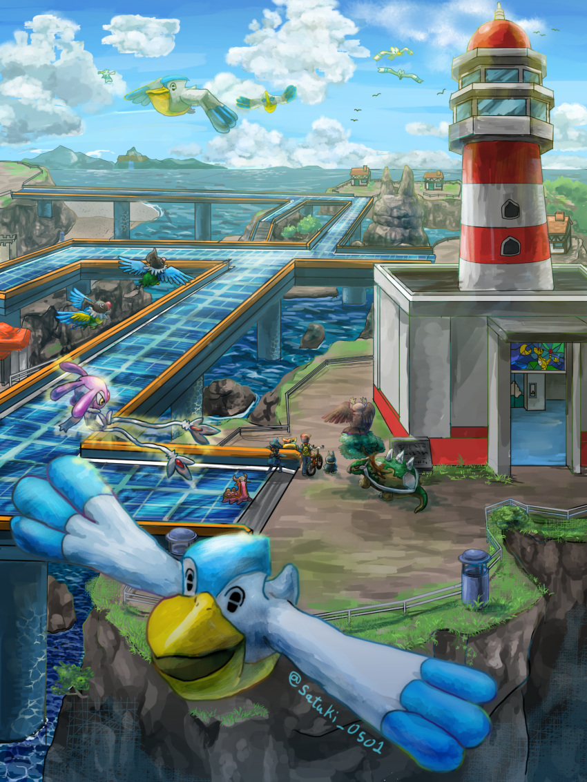 ampharos, annotated, beach, bicycle, bird, blue_sky, bridge, chatot