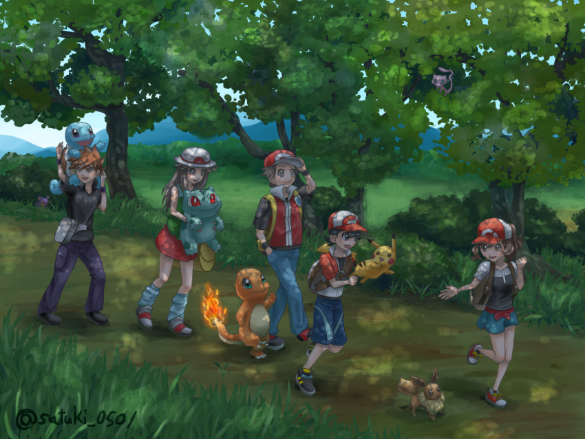 2girls, 3boys, :d, ayumi_(pokemon), backpack, bag, baseball_cap, black_footwear
