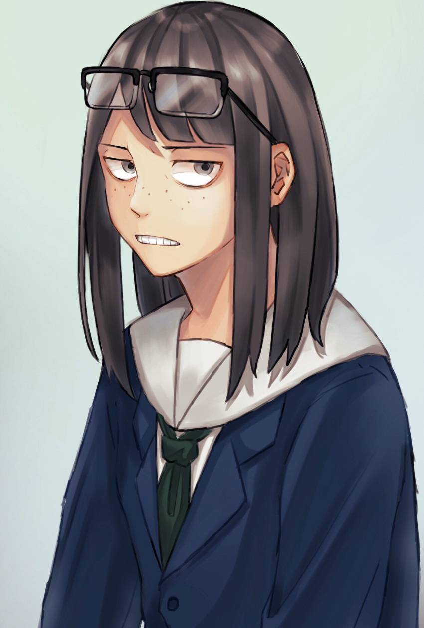 1girl, asymmetrical_bangs, bangs, black-framed_eyewear, black_hair, blazer, blue_background, blue_eyes, eizouken_ni_wa_te_wo_dasu_na!, eyewear_on_head, freckles, grimace, highres, jacket, jimiko, kanamori_sayaka, long_hair, looking_at_viewer, over-rim_eyewear, sanpaku, semi-rimless_eyewear, simple_background, solo, sylvia