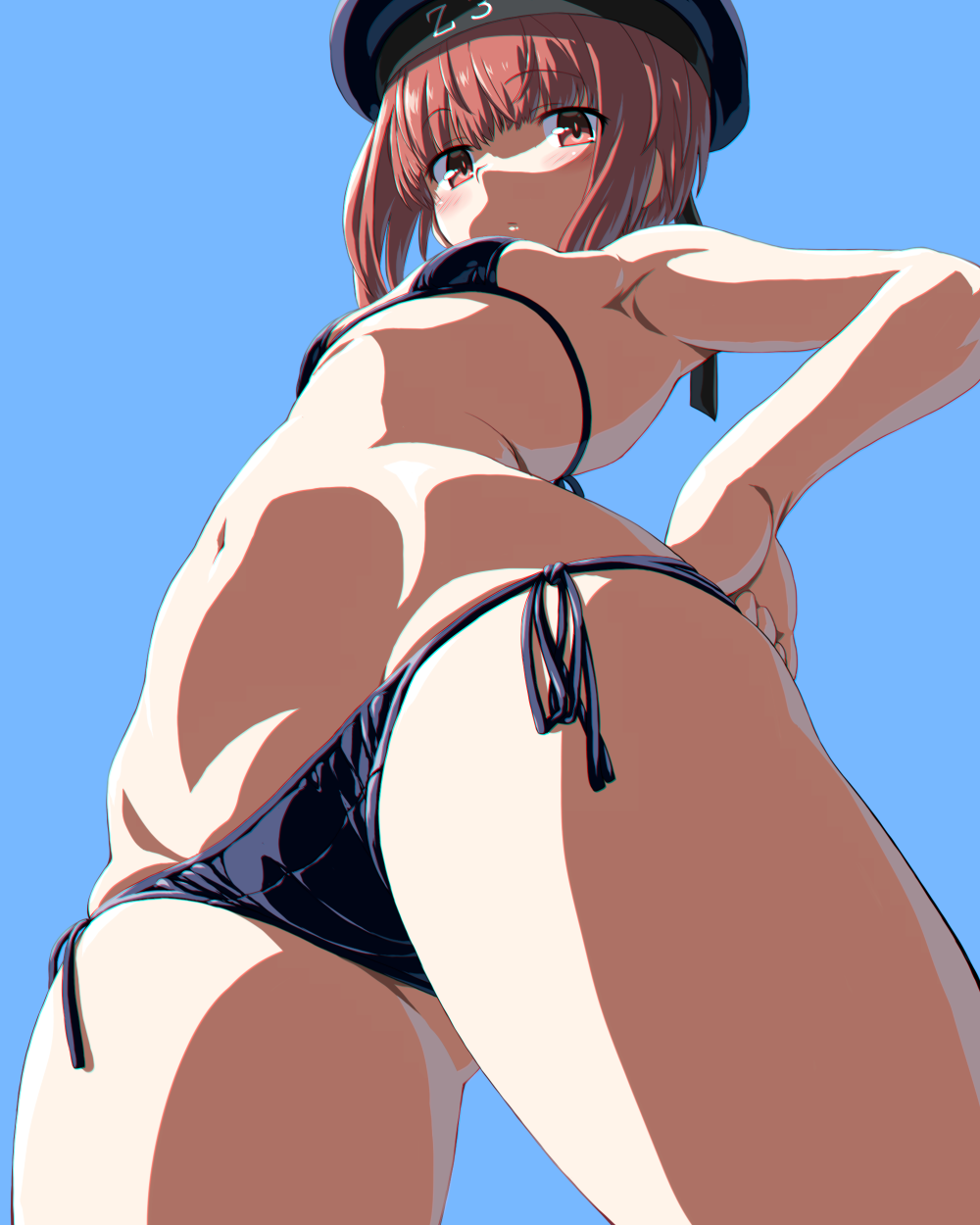 1girl, bangs, bikini, black_bikini, blue_background, blush, breasts, brown_eyes
