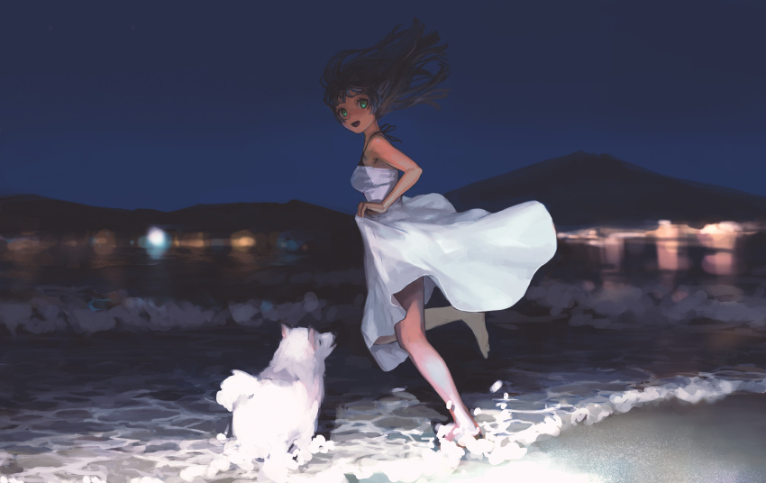 1girl, absurdres, animal, bangs, barefoot, bikini, black_bikini, black_hair
