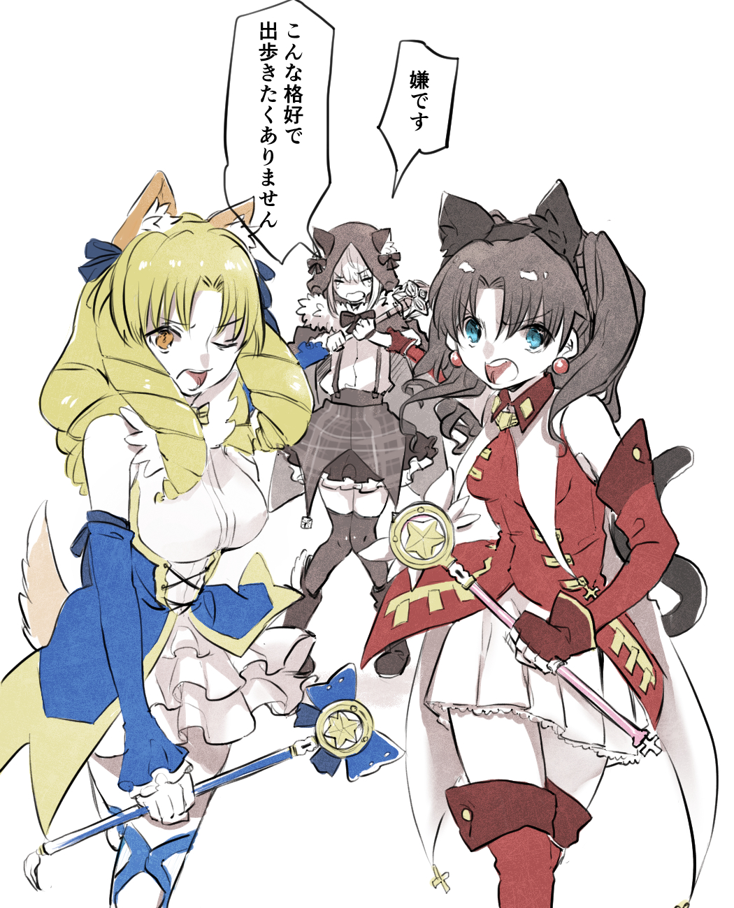 3girls, add_(lord_el-melloi_ii), animal_ears, black_hair, blonde_hair, blue_eyes, cat_ears, cat_tail