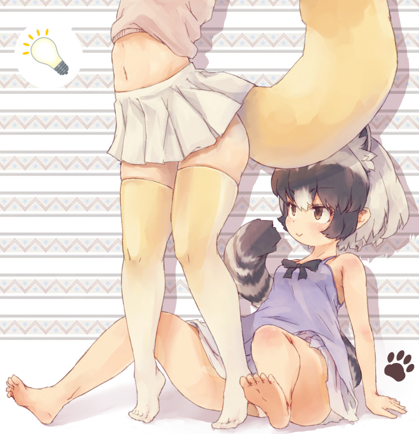 2girls, :>, adapted_costume, animal_ear_fluff, animal_ears, bangs, bare_arms, bare_legs