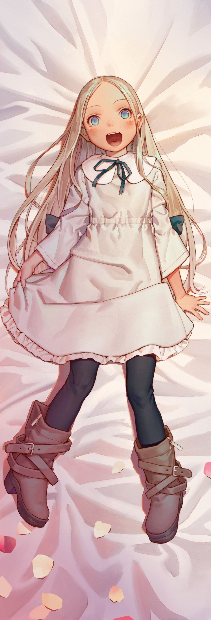 1girl, absurdres, bed_sheet, belt, belt_buckle, black_legwear, blonde_hair, blue_eyes