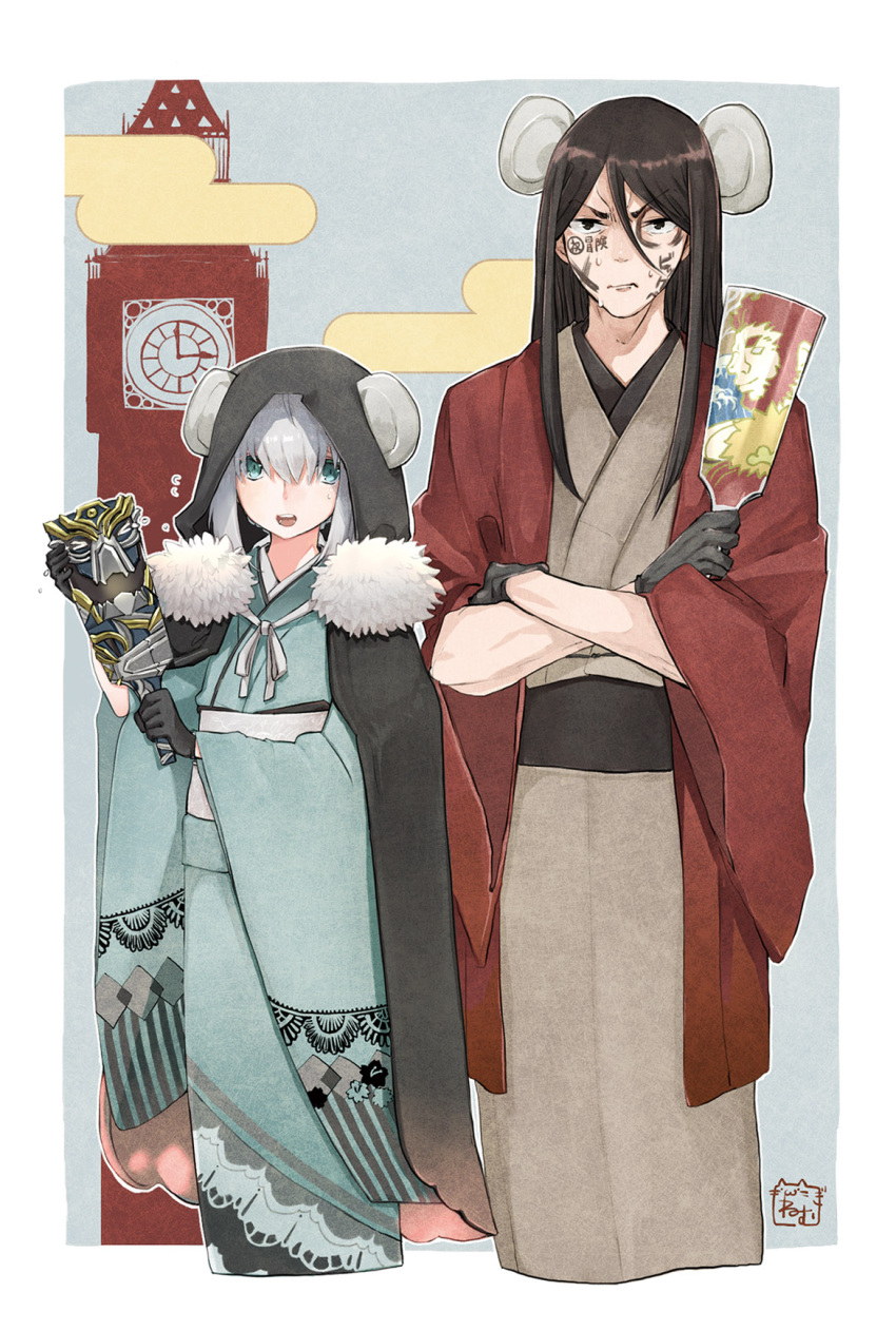 1boy, 1girl, add_(lord_el-melloi_ii), animal_ears, black_gloves, black_hair, cape, clock