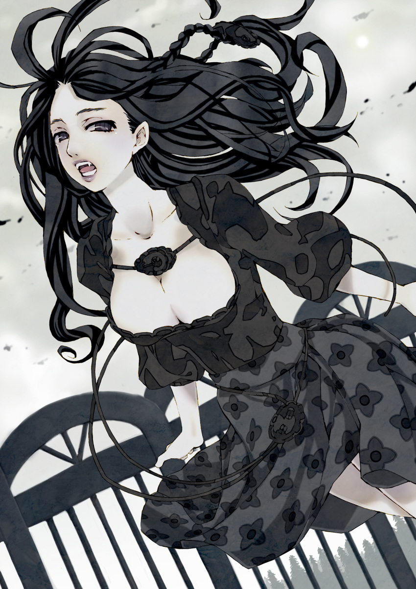 bad_id, black_eyes, black_hair, braid, breasts, cleavage, dress, fangs