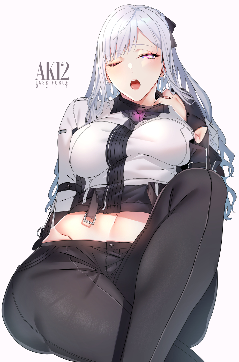 1girl, ak-12_(girls_frontline), asakawa_(outeq), bangs, black_gloves, black_pants, blush, breasts