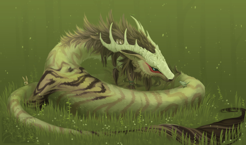 bird, blue_eyes, brown_hair, commentary, dragon, eastern_dragon, english_commentary, full_body, grass, highres, horns, no_humans, original, rabbit, screeches, solo_focus, tied_hair