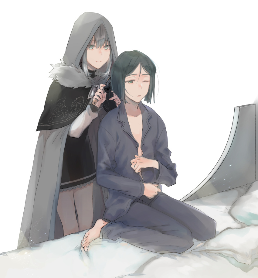 1boy, 1girl, bed, black_hair, brushing_another&amp;#039;s_hair, capelet, combing, combing_hair, fate/zero, fate_(series), fu_rori, fur-trimmed_capelet, fur_trim, gray_(lord_el-melloi_ii), green_eyes, grey_hair, highres, hood, hood_up, kneeling, lord_el-melloi_ii_case_files, morning, pajamas, sleepy, smile, time_paradox, waver_velvet