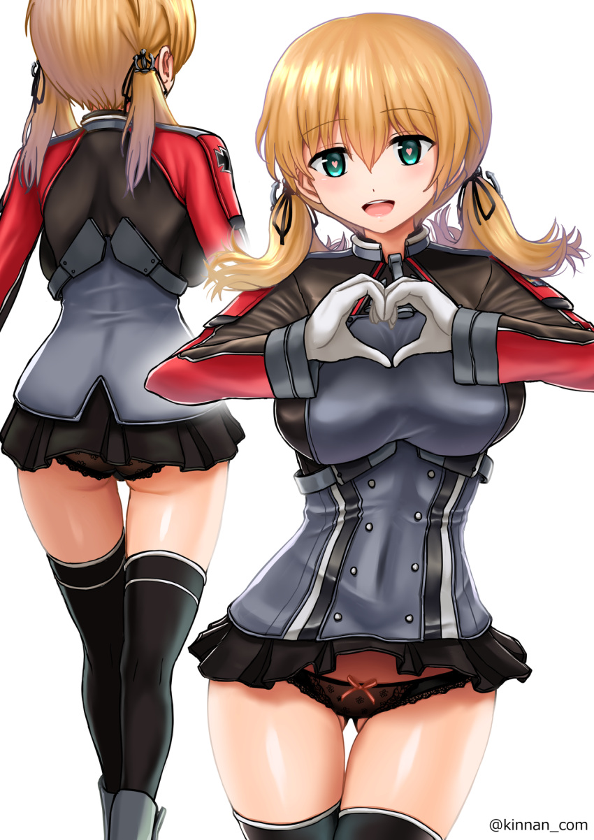 1girl, :d, aqua_eyes, black_legwear, black_panties, black_skirt, blonde_hair, eyebrows_visible_through_hair