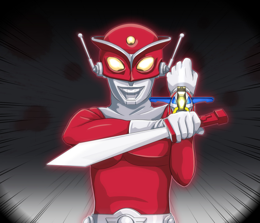 1boy, clenched_hand, gloves, grey_background, highres, holding, holding_knife, knife, looking_at_viewer, mask, redman, redman_(character), simple_background, ssss.gridman, tk8d32, upper_body, white_gloves