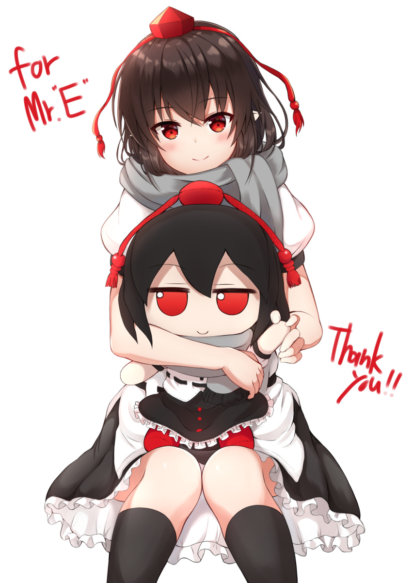 1girl, bangs, black_hair, black_legwear, black_skirt, blush, character_doll, commentary_request