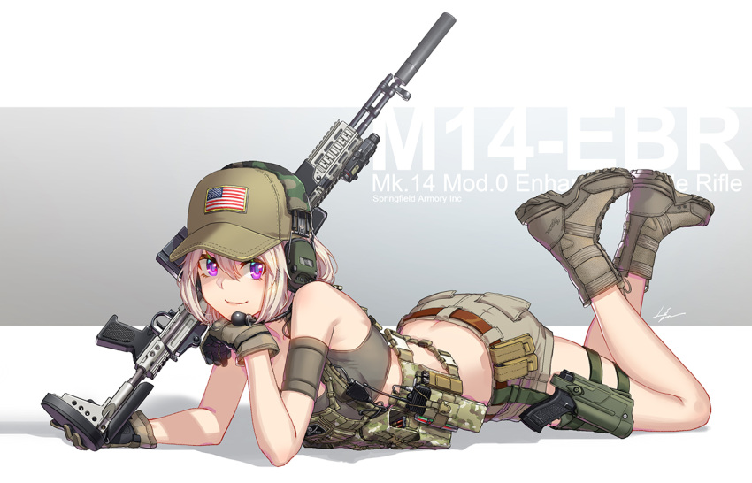 1girl, american_flag, arm_support, artist_name, background_text, battle_rifle, belt, boots