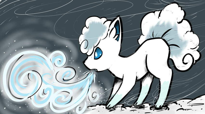 akura-yumei, alolan_form, alolan_vulpix, blue_eyes, commentary, english_commentary, from_side, gen_7_pokemon, grey_background, highres, icy_wind_(pokemon), pokemon, profile, snow, standing, wind