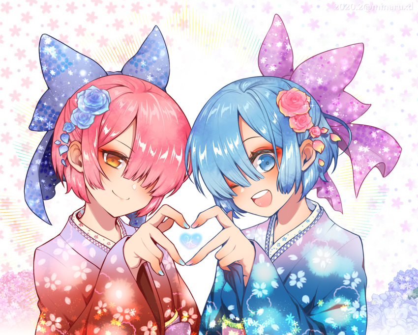 2girls, alternate_costume, blackcat_(blackcatbox), blue_bow, blue_eyes, blue_flower, blue_hair, blue_kimono, blush, bow, commentary_request, flower, hair_bow, hair_flower, hair_ornament, hair_over_one_eye, japanese_clothes, kimono, large_bow, looking_at_viewer, multiple_girls, pink_bow, pink_hair, pink_nails, ram_(re:zero), re:zero_kara_hajimeru_isekai_seikatsu, red_flower, red_kimono, rem_(re:zero), short_hair, siblings, sisters, smile, twins, wide_sleeves, x_hair_ornament