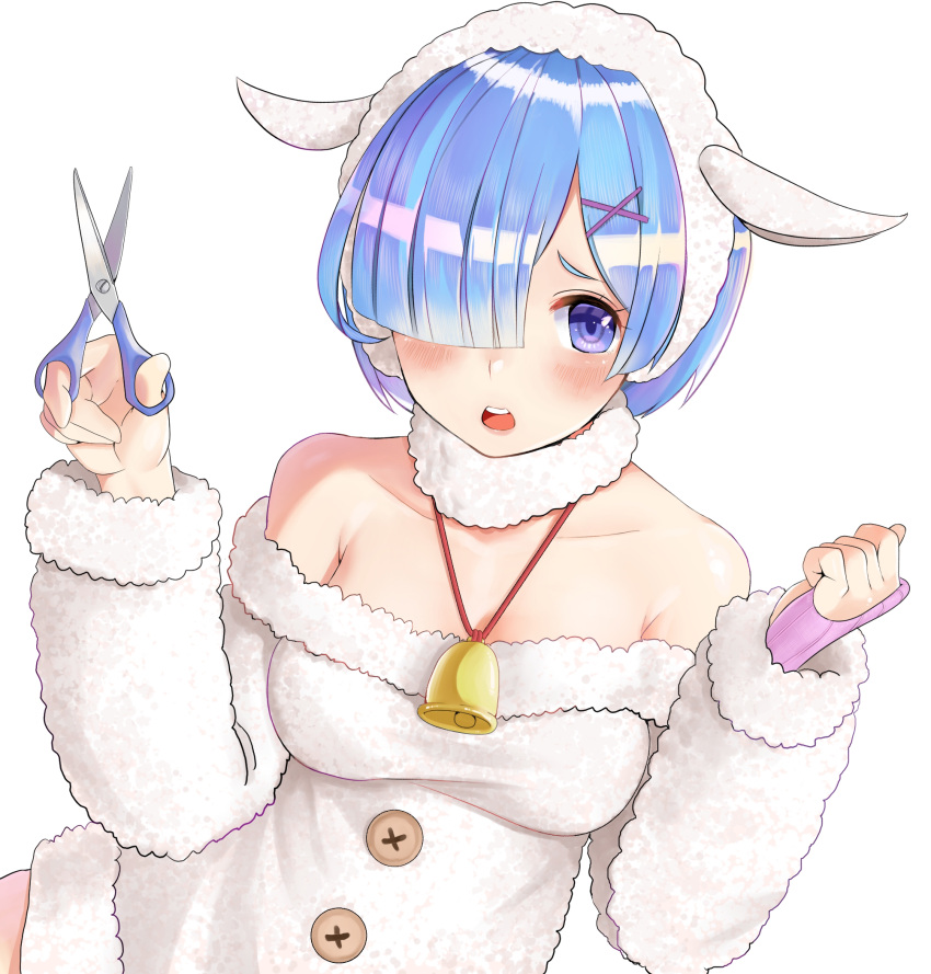 1girl, akamahura, animal_costume, bangs, bare_shoulders, bell, blue_eyes, blue_hair