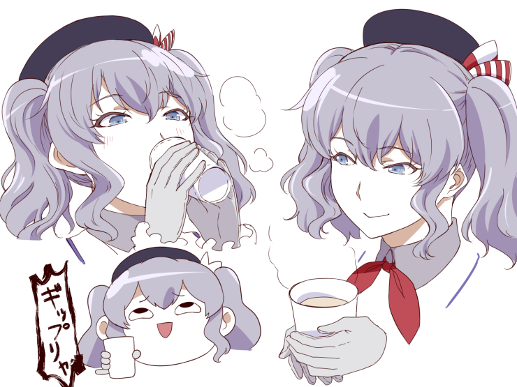 1girl, bangs, blue_eyes, blue_headwear, blush, chibi, closed_mouth, cup