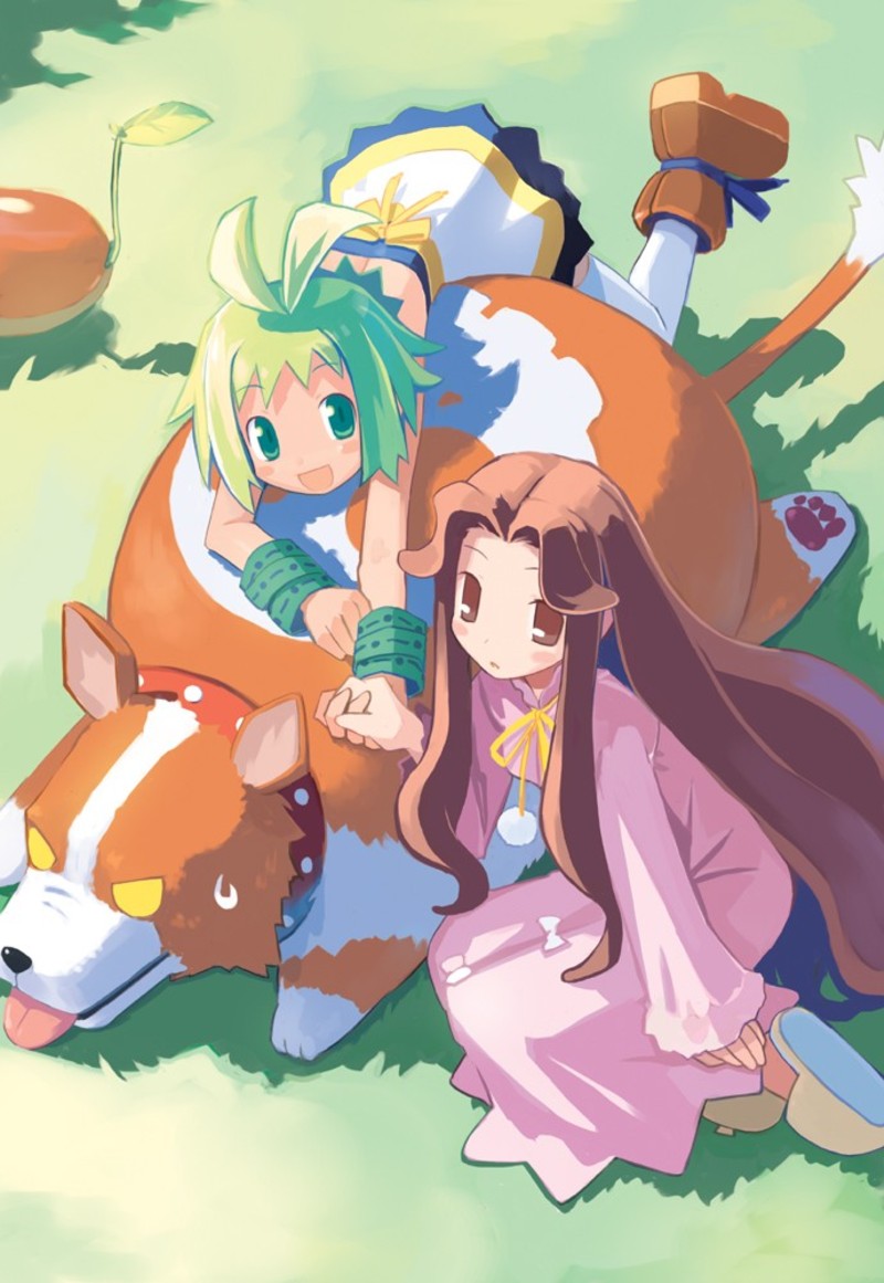 antenna_hair, blush, boots, bracelet, castille, hand_holding, harada_takehito, hell_corgi, holding_hands, jewelry, lingerie, long_hair, marona, nightgown, open_mouth, phantom_brave, scan, seed, slippers, smile, thigh-highs, thighhighs, underwear, white_legwear, white_thighhighs