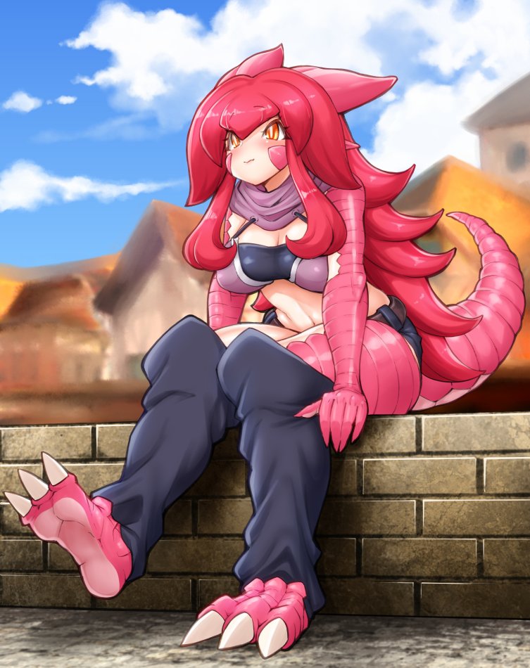1girl, amano_jack_(paradise_jack), belt, claws, clouds, day, detached_pants, lizard_girl