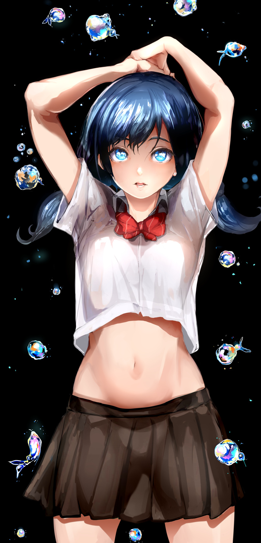 1girl, absurdres, amano_hina_(tenki_no_ko), arms_up, black_skirt, blue_eyes, blue_hair, bow