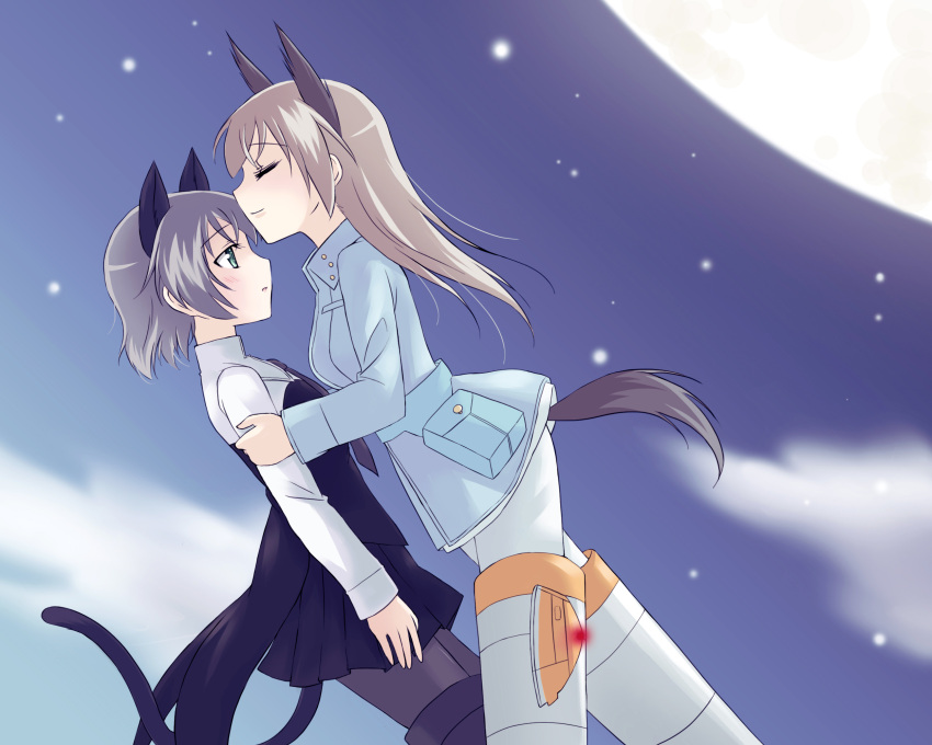 2girls, black_legwear, closed_eyes, eila_ilmatar_juutilainen, green_eyes, highres, kanata_(sentiment), multiple_girls
