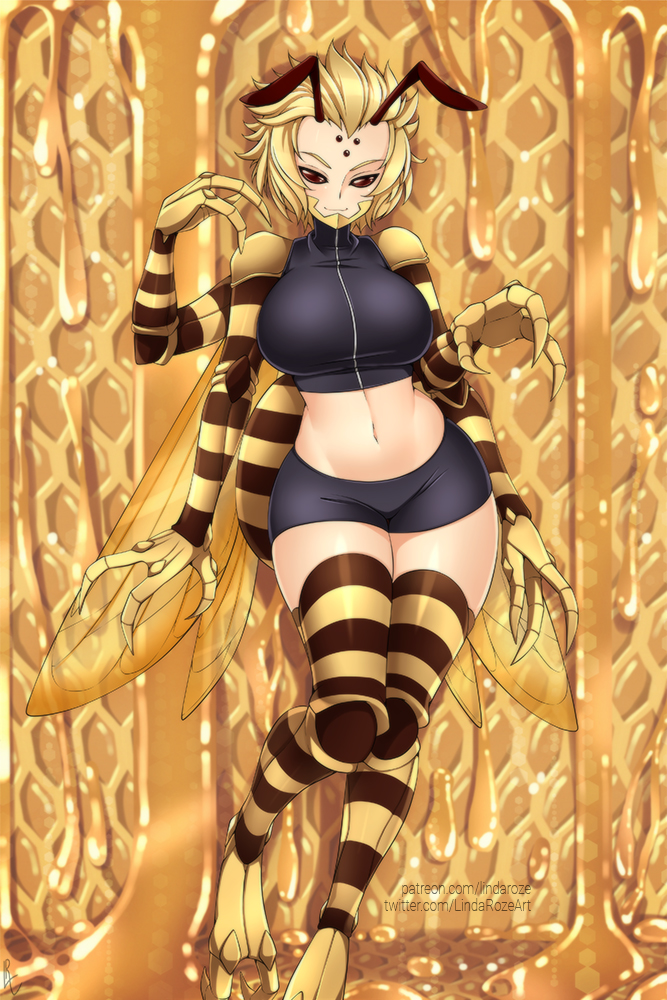 1girl, antennae, bee_girl, blonde_hair, breasts, brown_eyes, claws, commission, curvy, extra_arms, extra_eyes, hive, honey, insect_girl, insect_wings, kiira_(monster_musume), large_breasts, lindaroze, looking_at_viewer, midriff, miniskirt, monster_girl, monster_musume_no_iru_nichijou, navel, no_pupils, no_sclera, short_hair, skirt, smile, solo, watermark, web_address, wings, zipper