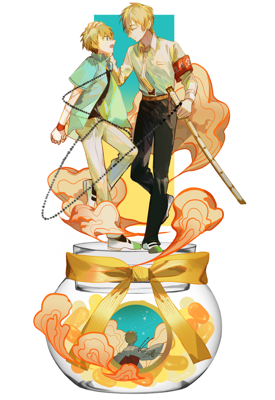 2boys, aqua_jacket, armband, belt, black_pants, black_shirt, blonde_hair, blue_eyes, brothers, chain, full_body, glass_bottle, glycan, highres, jacket, japanese_clothes, jibaku_shounen_hanako-kun, katana, kimono, long_sleeves, minamoto_kou, minamoto_teru, multiple_boys, necktie, pants, red_sash, ribbon, school_uniform, shirt, short_sleeves, siblings, smoke, sword, weapon, white_kimono, white_pants, wristband, yellow_ribbon