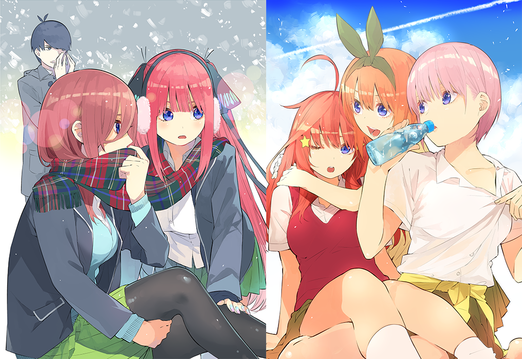 1boy, 5girls, :0, ;o, ahoge, antenna_hair, bangs, black_cardigan