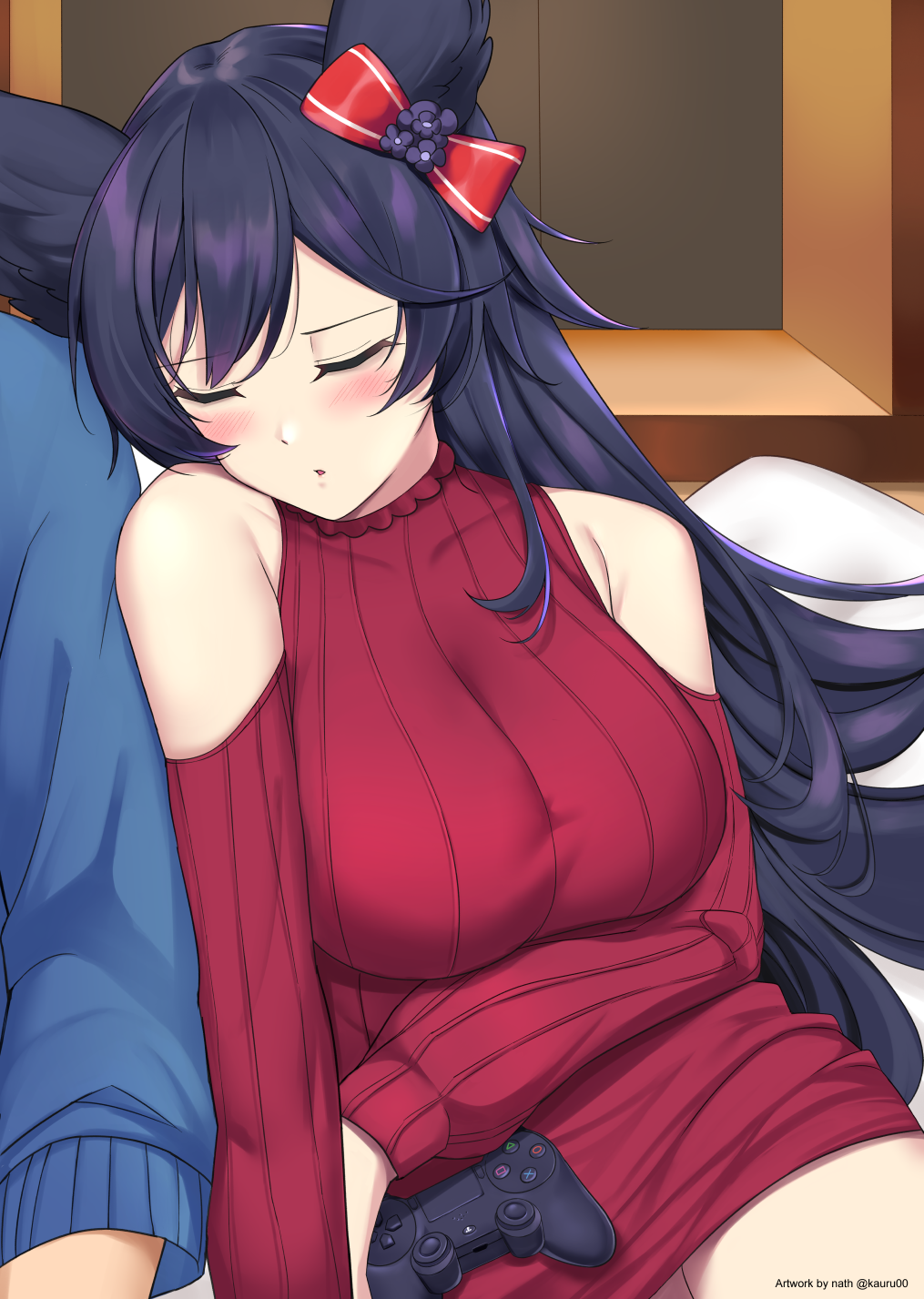 1boy, 1girl, animal_ears, artist_name, bangs, bare_shoulders, black_hair, blush