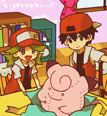 1boy, 1girl, :d, backwards_hat, baseball_cap, black_eyes, black_hair, blush, book, bookshelf, bukiko, chair, character_doll, character_name, clefairy, copycat_(pokemon), cosplay, gen_1_pokemon, gift, green_eyes, green_hair, hair_between_eyes, hat, indoors, lowres, medium_hair, open_mouth, pokemon, pokemon_(game), pokemon_rgby, red_(pokemon), red_(pokemon)_(cosplay), short_sleeves, sitting, smile, table, translated, unwrapping, window