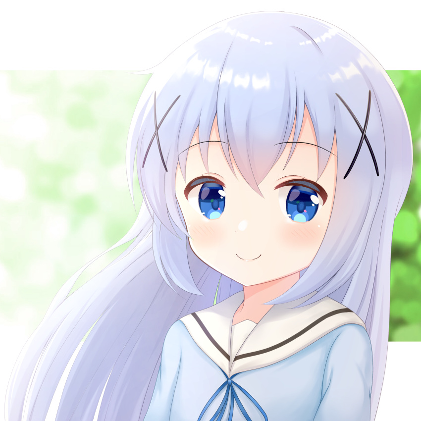 1girl, absurdres, bangs, blue_eyes, blue_ribbon, blue_shirt, blurry, blurry_background, closed_mouth, collared_shirt, eyebrows_visible_through_hair, floating_hair, gochuumon_wa_usagi_desu_ka?, hair_between_eyes, hair_ornament, highres, iden_8321, kafuu_chino, long_hair, looking_at_viewer, neck_ribbon, portrait, ribbon, sailor_collar, sailor_shirt, school_uniform, shiny, shiny_hair, shirt, silver_hair, smile, solo, straight_hair, very_long_hair, white_sailor_collar, x_hair_ornament
