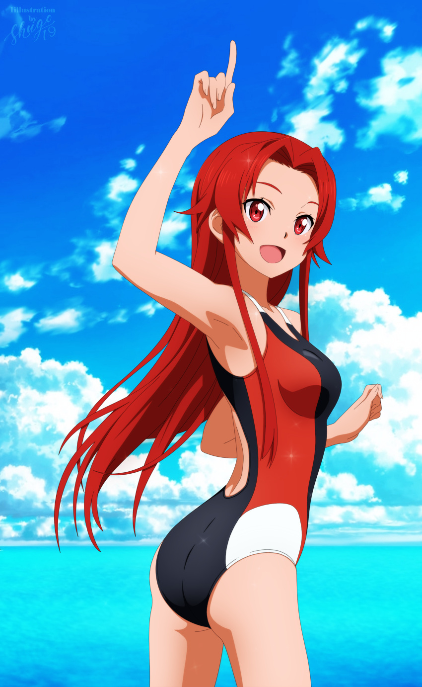 1girl, :d, absurdres, arm_up, armpits, ass, benjoerres, blue_sky, breasts, clouds, competition_swimsuit, cowboy_shot, day, floating_hair, hair_intakes, highres, huge_filesize, index_finger_raised, long_hair, medium_breasts, ocean, one-piece_swimsuit, open_mouth, outdoors, red_eyes, redhead, shiny, shiny_hair, sky, smile, solo, sparkle, standing, straight_hair, swimsuit, sword_art_online, tiese_schtrinen, very_long_hair