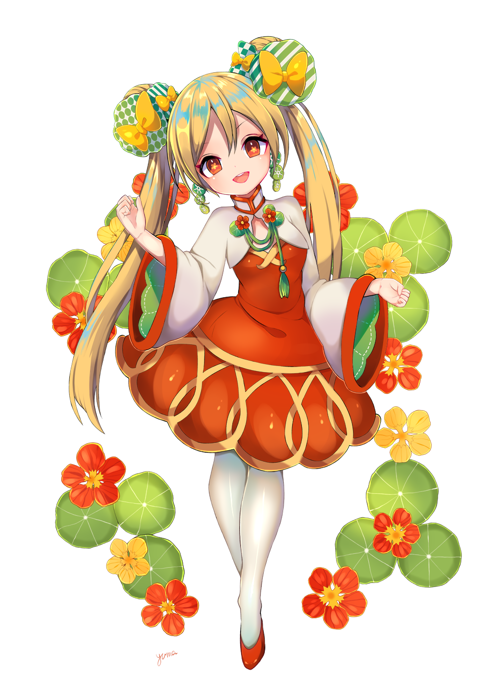 1girl, :d, artist_name, blonde_hair, bow, double_bun, dress, earrings