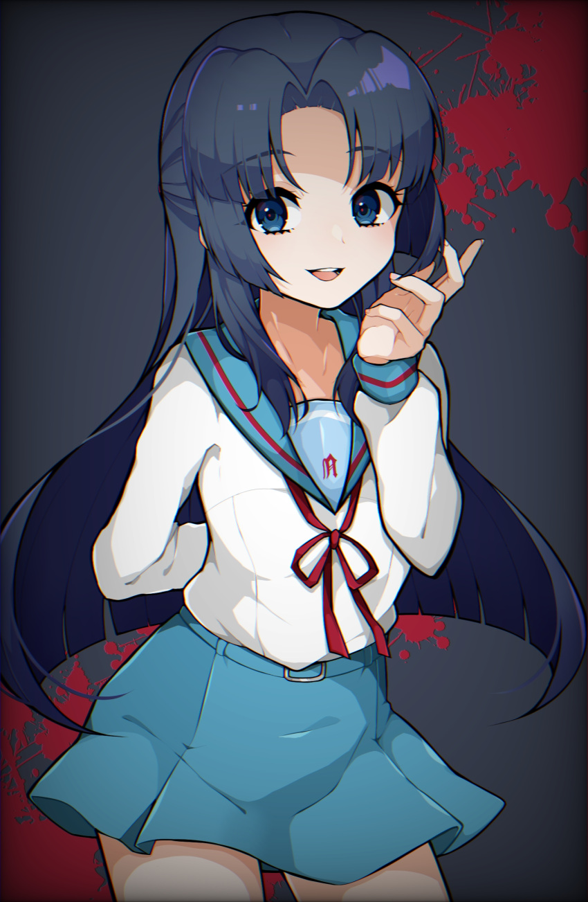 1girl, :d, arm_behind_back, asakura_ryouko, bangs, blood, blue_background, blue_eyes
