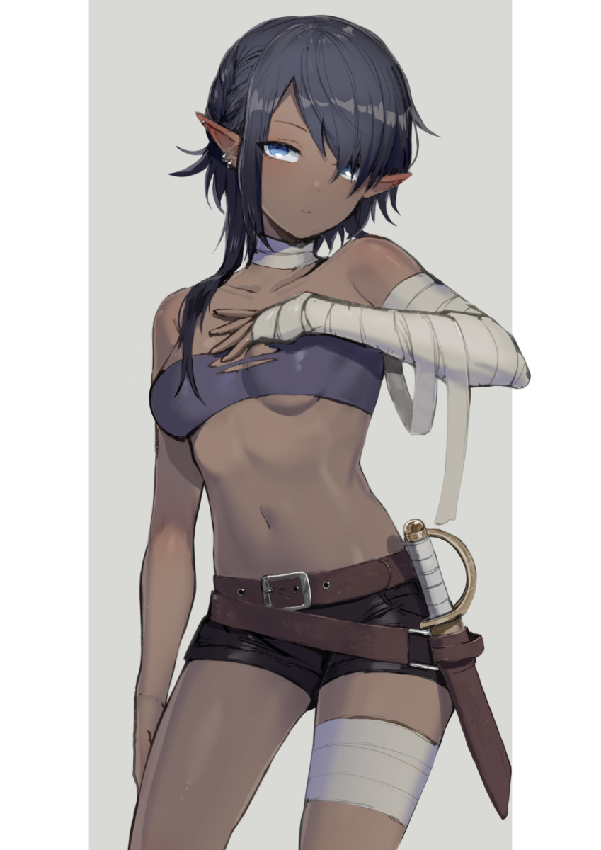 1girl, arm_at_side, bandaged_arm, bandaged_leg, bandaged_neck, bandages, bare_shoulders, belt