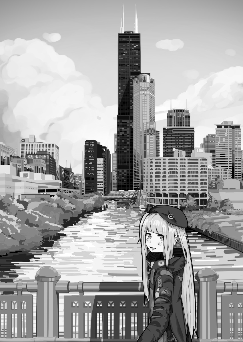 0206qwerty, 1girl, absurdres, bangs, beret, boat, building, city