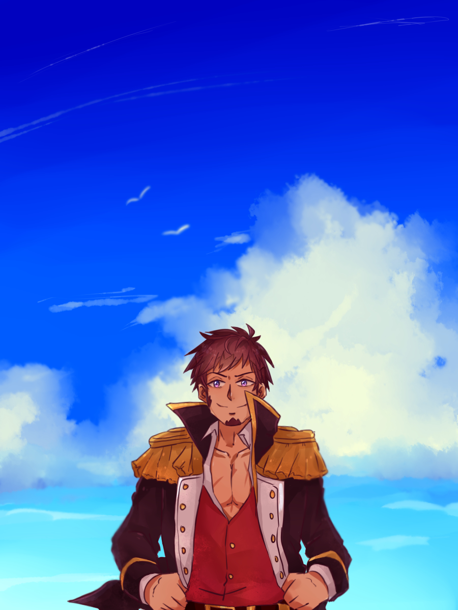 1boy, alternate_hairstyle, beard, belt, blue_eyes, brown_hair, chest, clouds