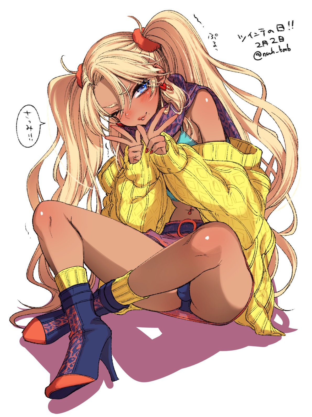 1boy, animal_print, blonde_hair, blue_eyes, bulge, crop_top, crossdressinging, dark_skin