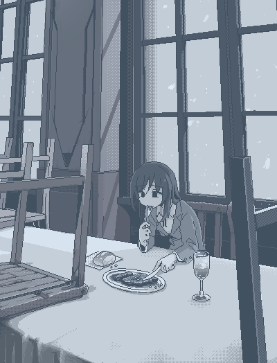1girl, black_hair, blue_theme, bread, chair, collared_shirt, dithering, dress_shirt