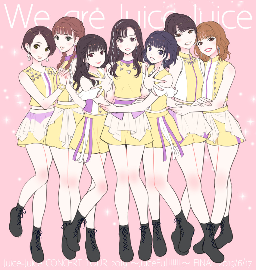 6+girls, black_hair, boots, brown_hair, earrings, hello_project, highres, jewelry, legs, lips, long_hair, multiple_girls, nishimura_eri, short_hair, skirt