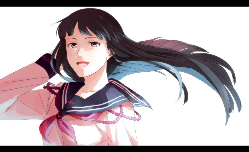 1girl, :d, black_hair, brown_eyes, commentary_request, floating_hair, hand_behind_head, highres