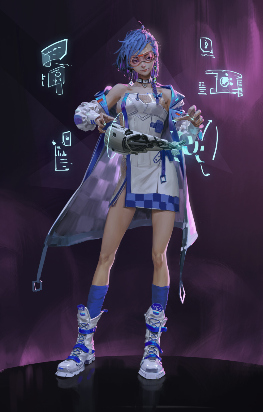 1girl, absurdres, boots, cyberpunk, cyborg, glasses, highres, lips