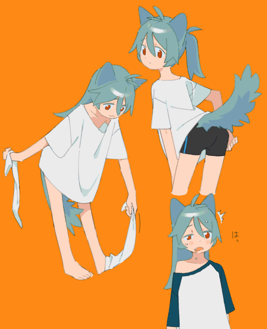 /\/\/\, 1girl, :3, :|, adjusting_clothes, alternate_hairstyle, animal_ears, antenna_hair, aqua_hair, arms_at_sides, ass, bangs, barefoot, bike_shorts, black_shorts, blush, cat_ears, cat_girl, cat_tail, closed_mouth, collarbone, cropped_legs, d:, dot_nose, drooling, expressionless, eyebrows_visible_through_hair, from_behind, from_side, hair_between_eyes, half-closed_eyes, highres, holding, long_hair, looking_back, looking_down, motion_lines, multiple_views, muted_color, niwabuki, off_shoulder, open_mouth, orange_background, original, outstretched_hand, ponytail, red_eyes, removing_legwear, ruka_(niwabuki), saliva, shirt, short_sleeves, shorts, simple_background, sleepy, smile, socks, sweat, tail, tareme, upper_body, white_legwear, white_shirt