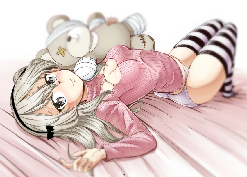 1girl, bandages, black_legwear, black_ribbon, blurry, blurry_background, boko_(girls_und_panzer), breasts, cleavage_cutout, closed_mouth, commentary, depth_of_field, eyebrows_visible_through_hair, girls_und_panzer, hair_ribbon, holding, holding_stuffed_animal, light_brown_eyes, light_brown_hair, long_sleeves, looking_at_viewer, lying, no_pants, on_back, on_bed, one_side_up, panties, pink_panties, pink_sweater, ribbed_sweater, ribbon, shimada_arisu, small_breasts, smile, solo, striped, striped_legwear, stuffed_animal, stuffed_toy, sutahiro_(donta), sweater, teddy_bear, thigh-highs, underwear