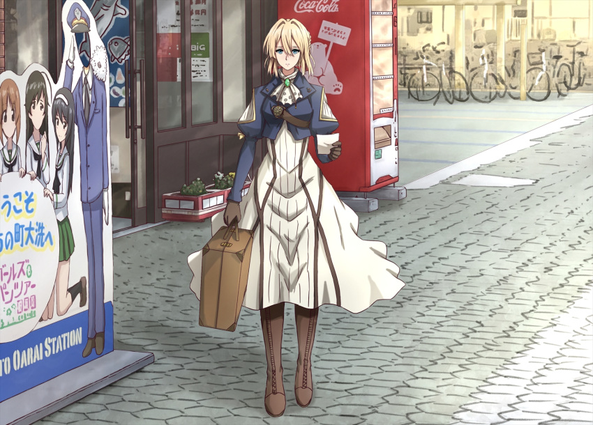 1girl, ascot, black_gloves, blue_jacket, boots, briefcase, brooch, brown_footwear