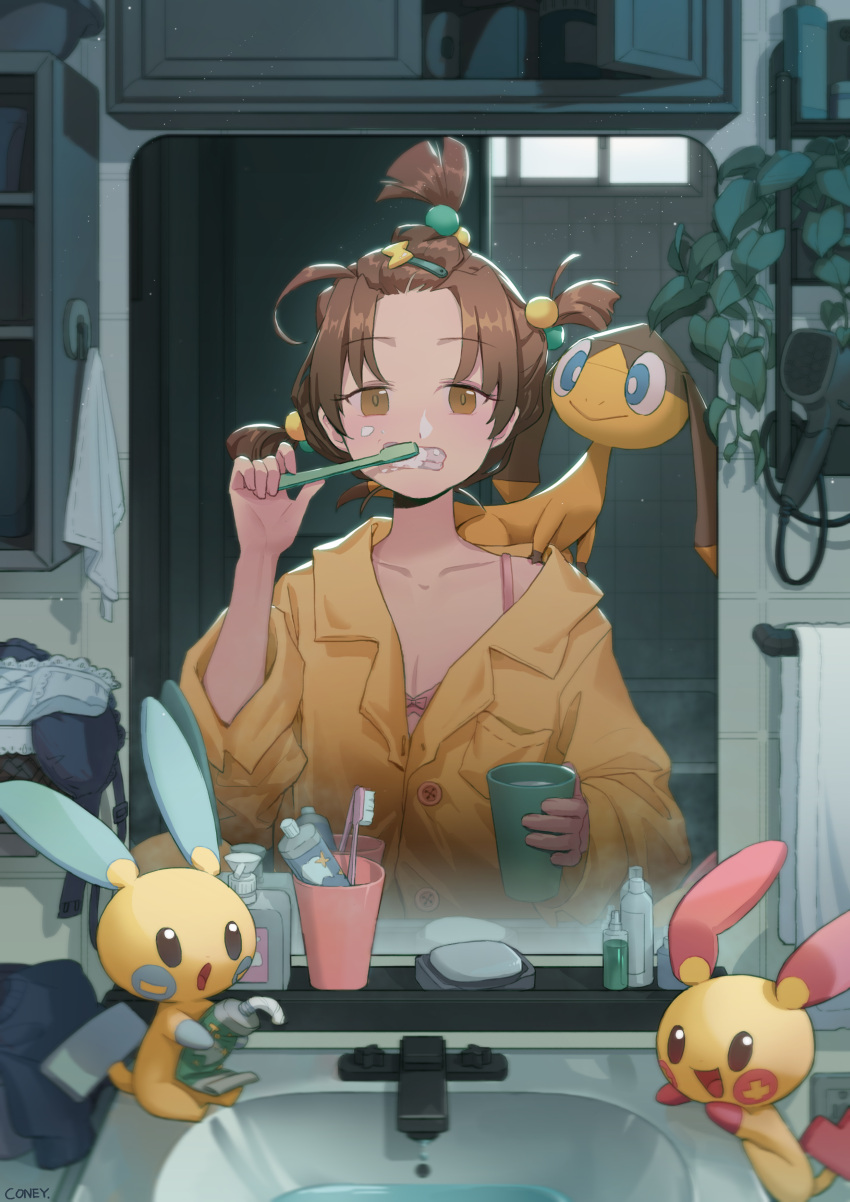 1girl, absurdres, artist_name, bangs, bathroom, black_eyes, blue_eyes, blush