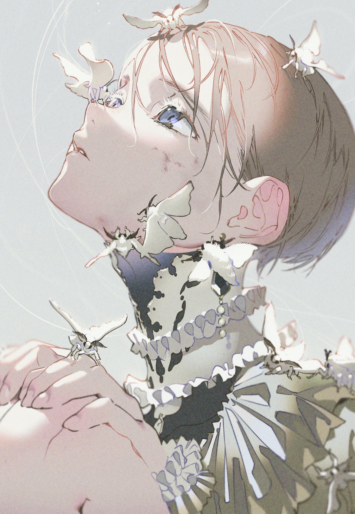 1girl, bangs, blonde_hair, blue_eyes, bug, close-up, collar, commentary