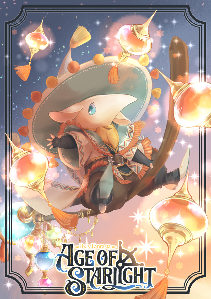 belt, blue_eyes, brown_pants, capelet, copyright_name, crystal_witch_chocolatte, emisuke_109, fingerless_gloves