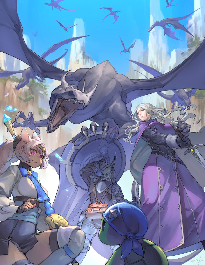 2boys, 2girls, abandoned_star_hundra, animal_ears, armor, aureolin31, bandana, black_gloves